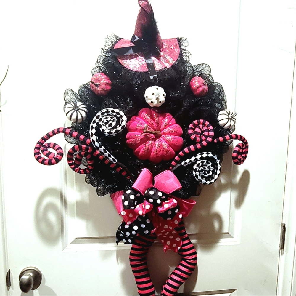 XL Halloween Pumpkin Witch Wreath Deco Mesh Bow
